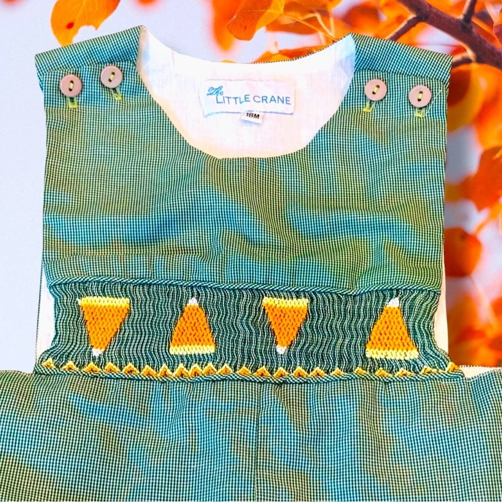 NEW Little Crane 18M Smocked CandyCorn Lined Romper Green Gingham Check
